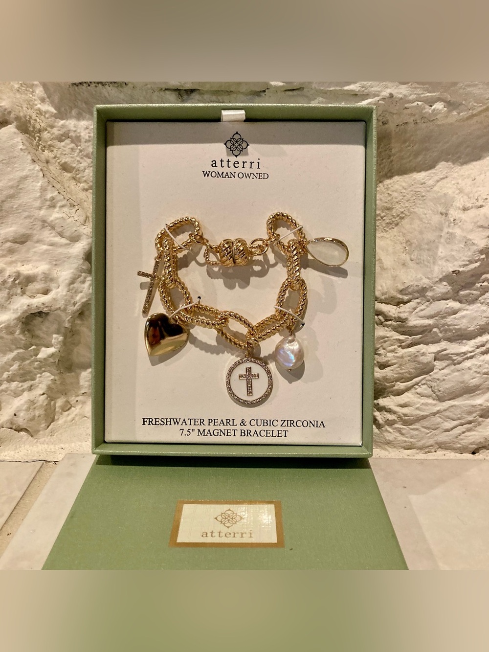 NIB Atterri Gold Tone Freshwater Pearl & Cross Charm Bracelet